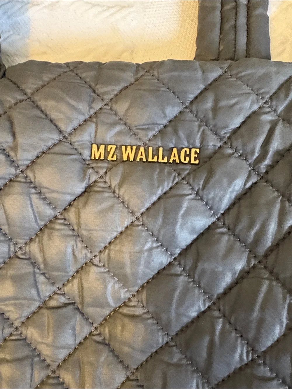 MZ Wallace Quilted Tote in Olive Gray with Tan Trim